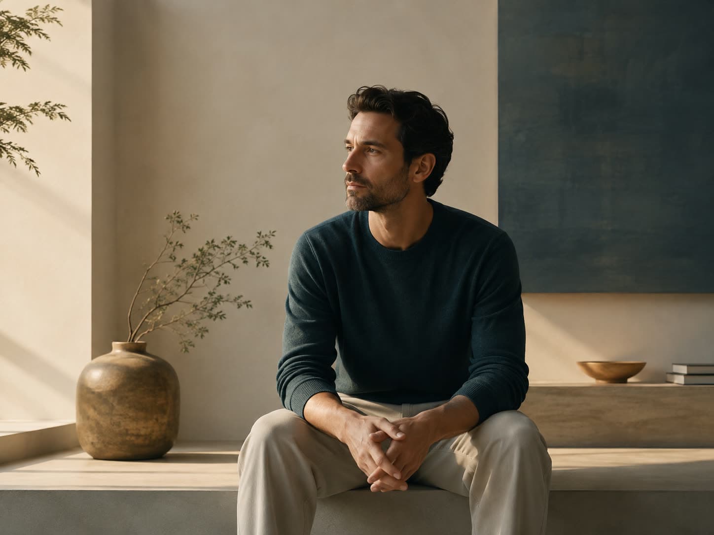 Homem sentado em postura contemplativa, ambiente minimalista com luz lateral suave