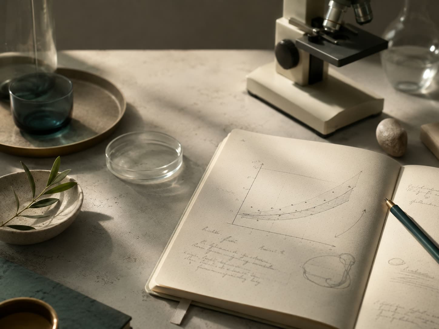 Caderno de anotações científicas com um gráfico desenhado à mão, ao lado de um microscópio e vidraria de laboratório