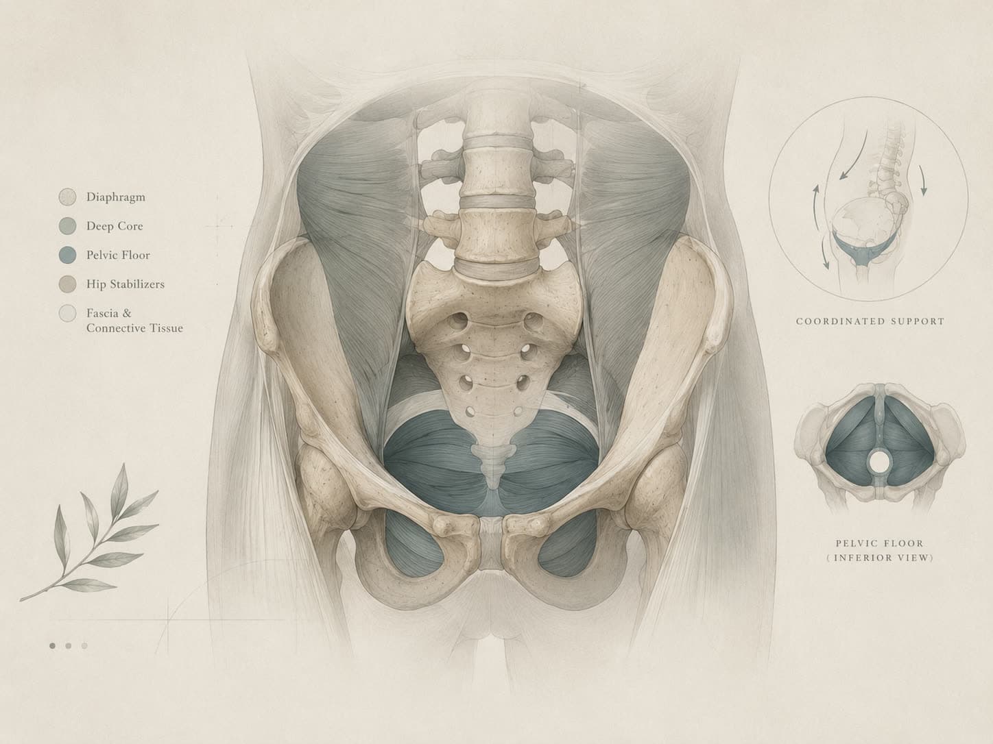 Ilustração anatômica elegante da região pélvica, estilo médico premium