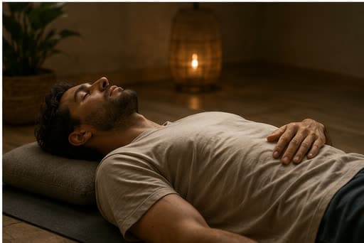 Homem sentado em postura tranquila de respiração consciente, mostrando desaceleração e percepção corporal