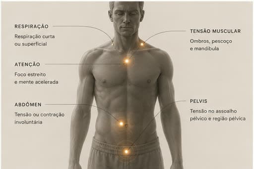 Silhueta humana com pontos sutis destacando respiração, abdômen, atenção, pelve e tensão muscular